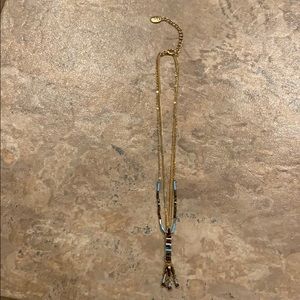 Gold, brown, and blue beaded necklace